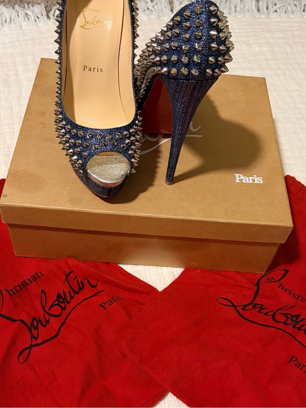 Christian Louboutin Navy and Gold Spiked Peep-Toe Pumps